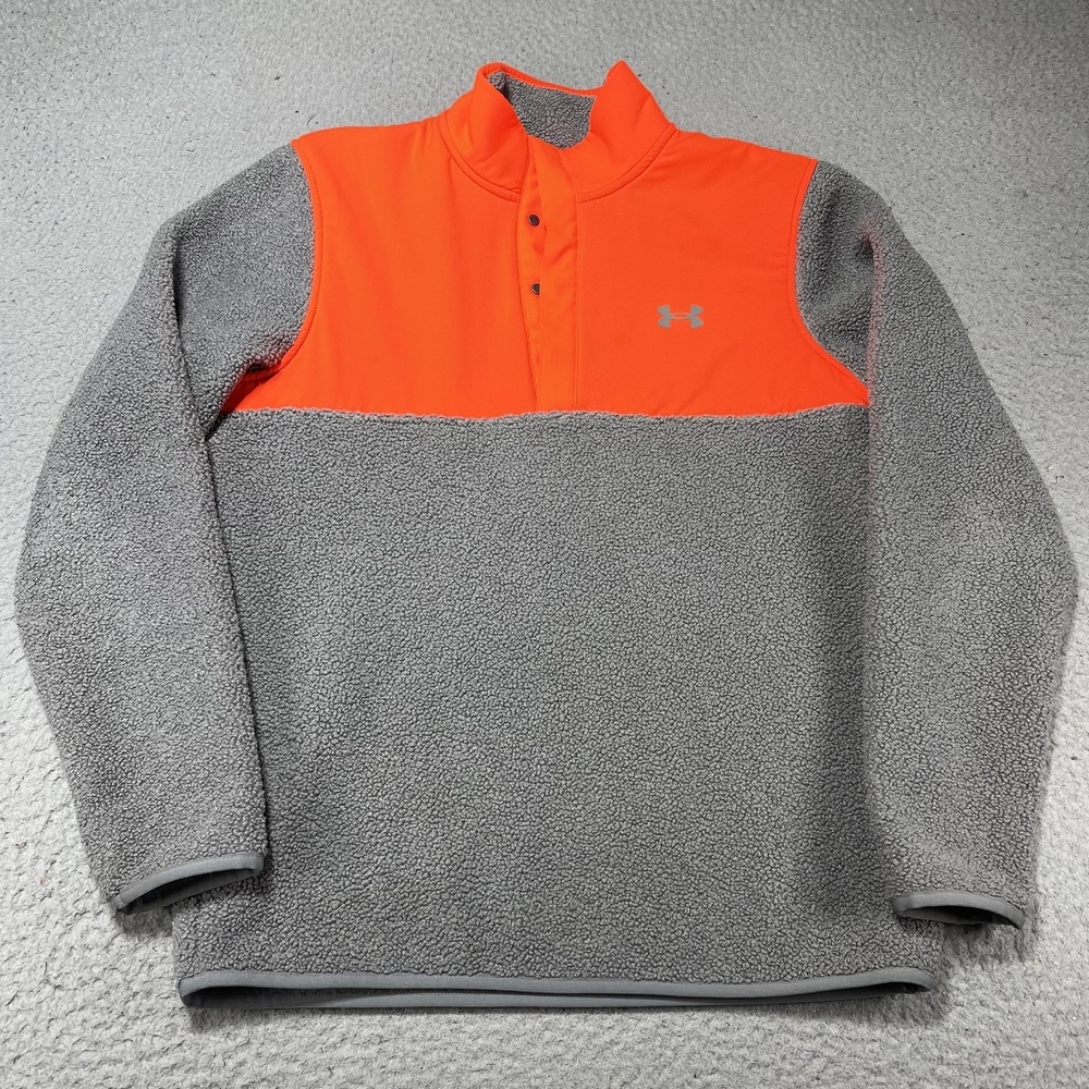 Under Armour Golf Jacket Mens Medium Gray Orange Snap Fleece Sherpa Pullover